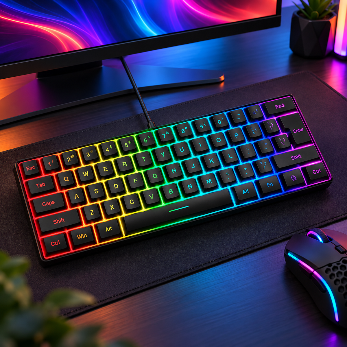 61 Key Rgb Wired Gaming Keyboard With Compact Abs Keycaps And 1.7m Cable