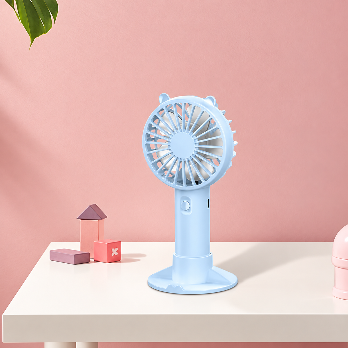 Blue Rechargeable Mini Handheld Fan With 3 Wind Speeds And Desktop Phone Holder Base